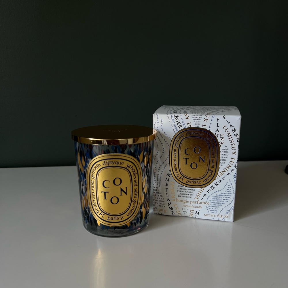 Empty Diptyque Cotton vessel and gold lid w/ embossed logo